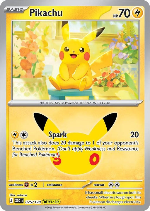 Pikachu - 025/128 Pikachu Rare Pokémon card from 30th Celebration, Near Mint Holofoil
