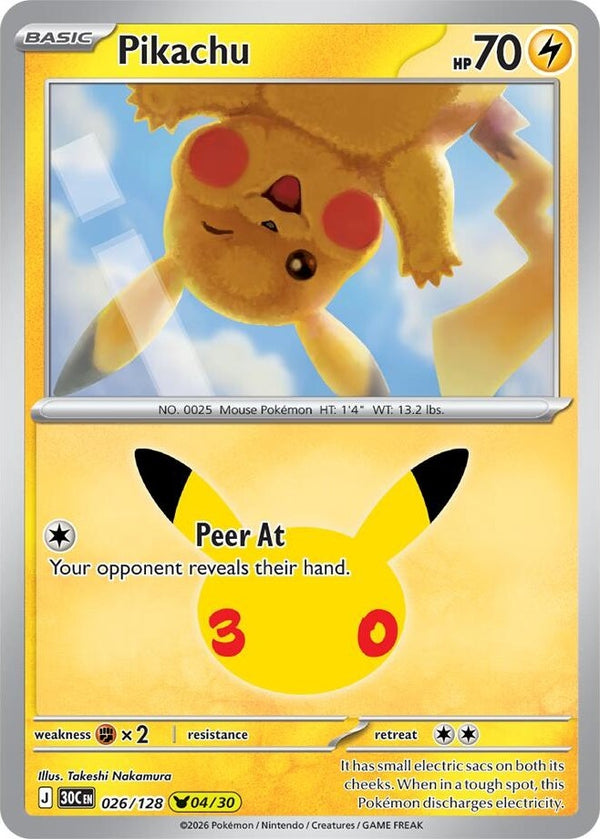 Pikachu - 026/128 Pikachu Rare Pokémon card from 30th Celebration, Near Mint Holofoil