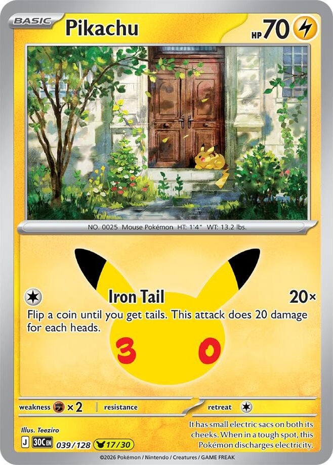 Pikachu - 039/128 Pikachu Rare Pokémon card from 30th Celebration, Near Mint Holofoil