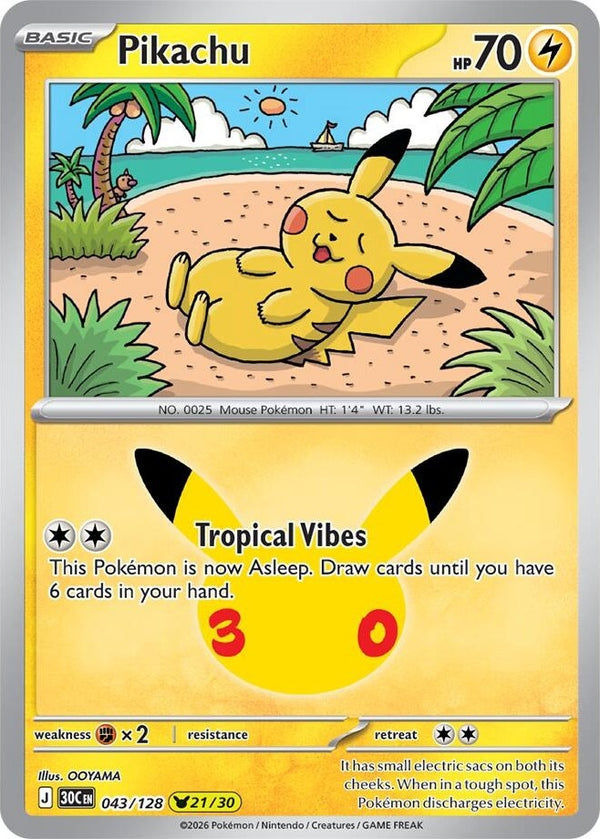 Pikachu - 043/128 Pikachu Rare Pokémon card from 30th Celebration, Near Mint Holofoil