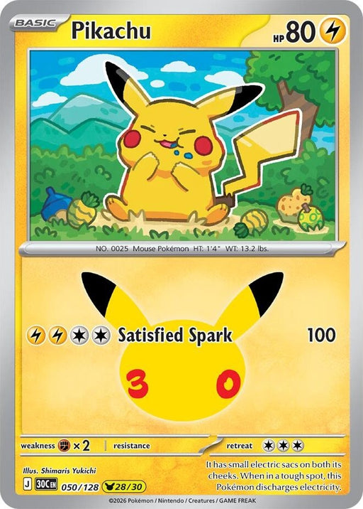 Pikachu - 050/128 Pikachu Rare Pokémon card from 30th Celebration, Near Mint Holofoil