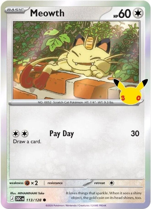 Meowth - 113/128 Common Pokémon card from 30th Celebration, Near Mint Holofoil