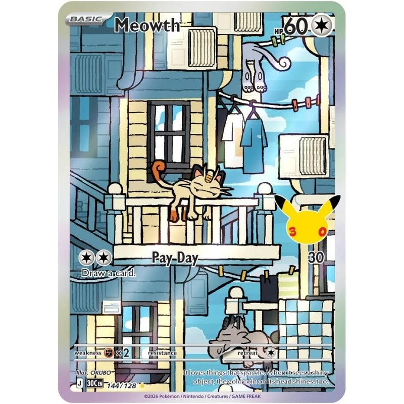 Meowth - 144/128 Illustration Rare Pokémon card from 30th Celebration, Near Mint Holofoil