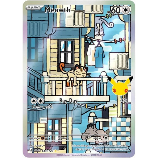 Meowth - 144/128 Illustration Rare Pokémon card from 30th Celebration, Near Mint Holofoil