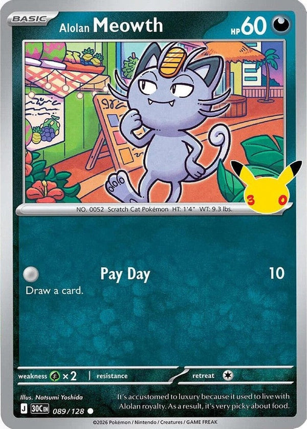 Alolan Meowth - 089/128 Common Pokémon card from 30th Celebration, Near Mint Holofoil