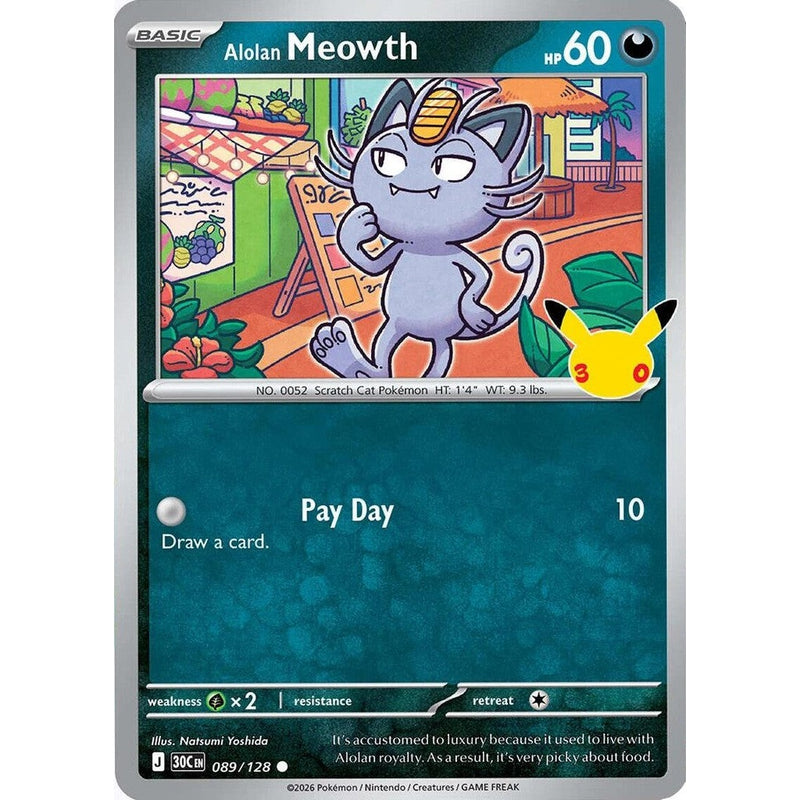Alolan Meowth - 089/128 Common Pokémon card from 30th Celebration, Near Mint Holofoil