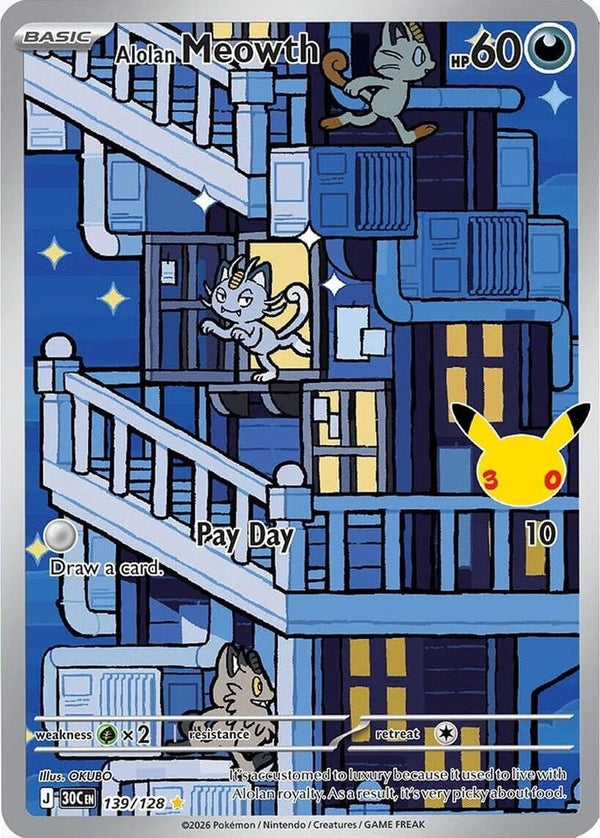 Alolan Meowth - 139/128 Illustration Rare Pokémon card from 30th Celebration, Near Mint Holofoil