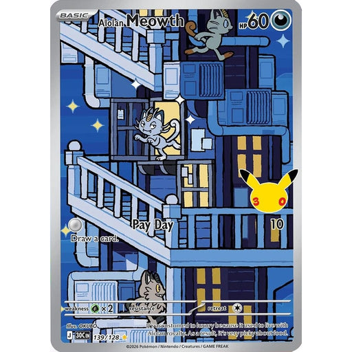Alolan Meowth - 139/128 Illustration Rare Pokémon card from 30th Celebration, Near Mint Holofoil
