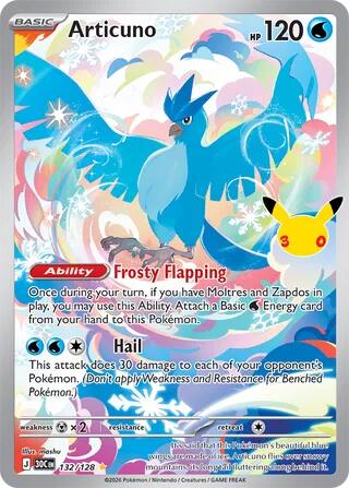 Articuno - 132/128 Illustration Rare Pokémon card from 30th Celebration, Near Mint Holofoil