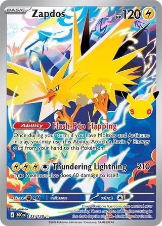 Zapdos - 133/128 Illustration Rare Pokémon card from 30th Celebration, Near Mint Holofoil