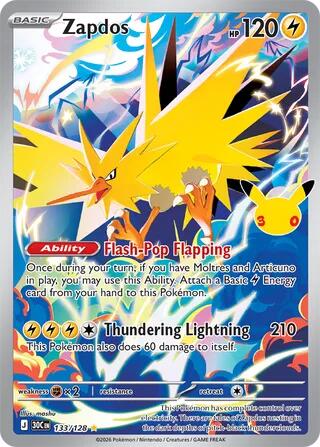 Zapdos - 133/128 Illustration Rare Pokémon card from 30th Celebration, Near Mint Holofoil
