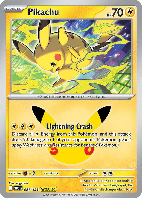 Pikachu - 051/128 Pikachu Rare Pokémon card from 30th Celebration, Near Mint Holofoil