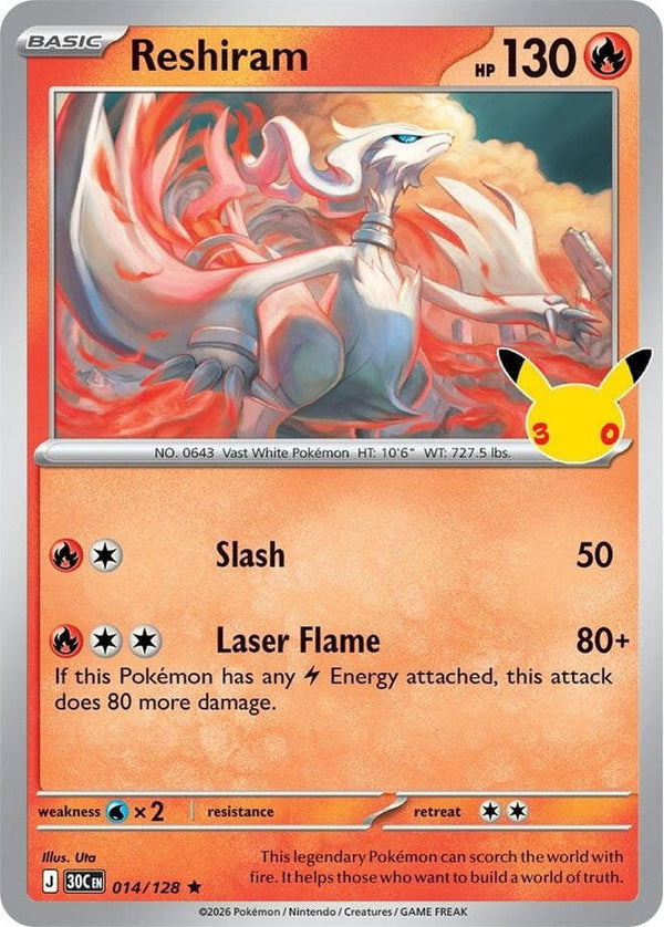 Reshiram - 014/128 Rare Pokémon card from 30th Celebration, Near Mint Holofoil