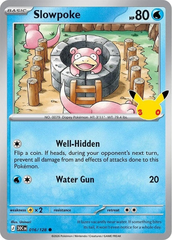 Slowpoke - 016/128 Common Pokémon card from 30th Celebration, Near Mint Holofoil