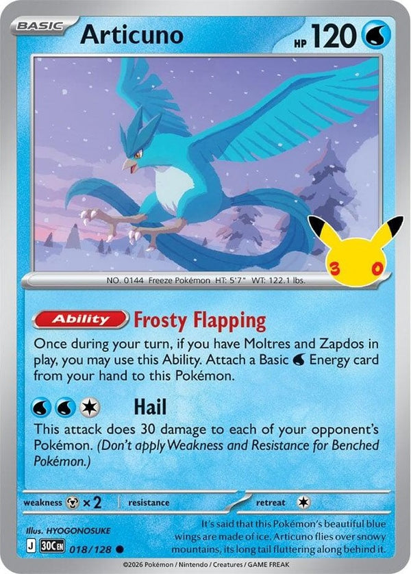 Articuno - 018/128 Common Pokémon card from 30th Celebration, Near Mint Holofoil