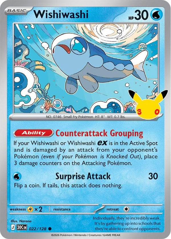 Wishiwashi - 022/128 Common Pokémon card from 30th Celebration, Near Mint Holofoil