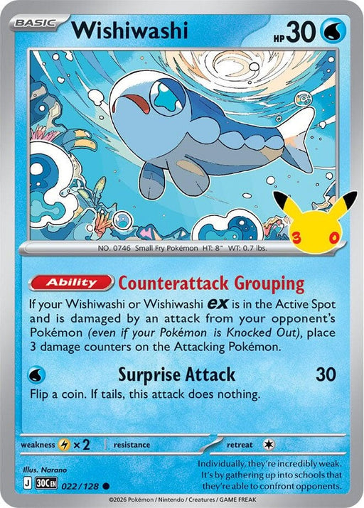 Wishiwashi - 022/128 Common Pokémon card from 30th Celebration, Near Mint Holofoil