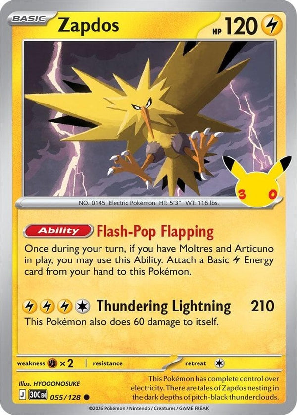 Zapdos - 055/128 Common Pokémon card from 30th Celebration, Near Mint Holofoil