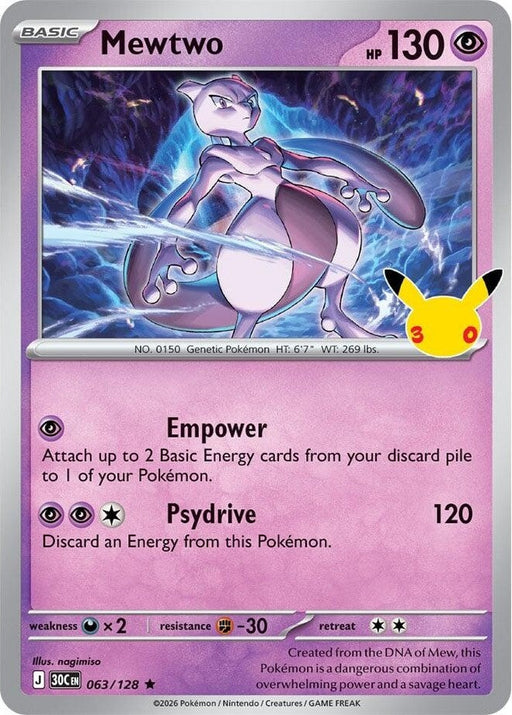 Mewtwo - 063/128 Rare Pokémon card from 30th Celebration, Near Mint Holofoil