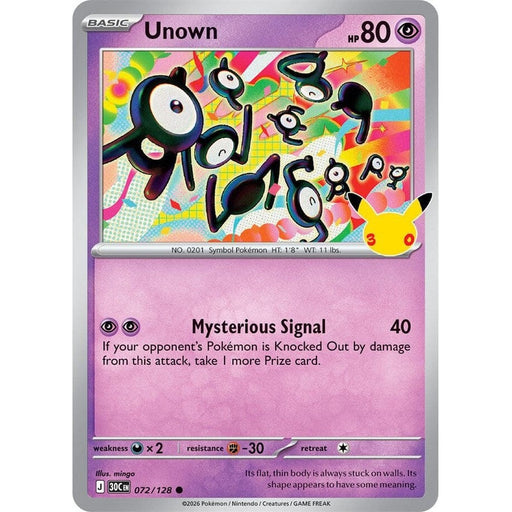 Unown - 072/128 Common Pokémon card from 30th Celebration, Near Mint Holofoil