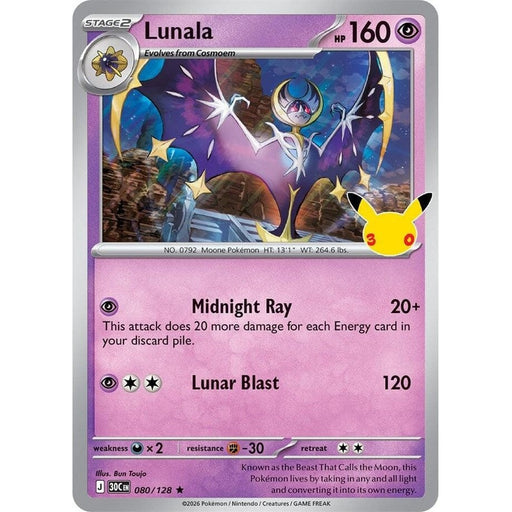 Lunala - 080/128 Rare Pokémon card from 30th Celebration, Near Mint Holofoil