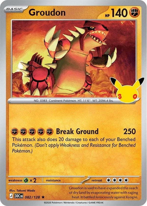 Groudon - 082/128 Rare Pokémon card from 30th Celebration, Near Mint Holofoil