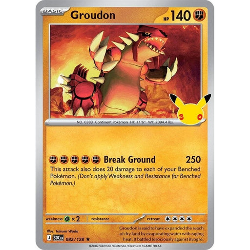 Groudon - 082/128 Rare Pokémon card from 30th Celebration, Near Mint Holofoil