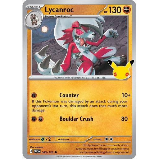 Lycanroc - 085/128 Common Pokémon card from 30th Celebration, Near Mint Holofoil