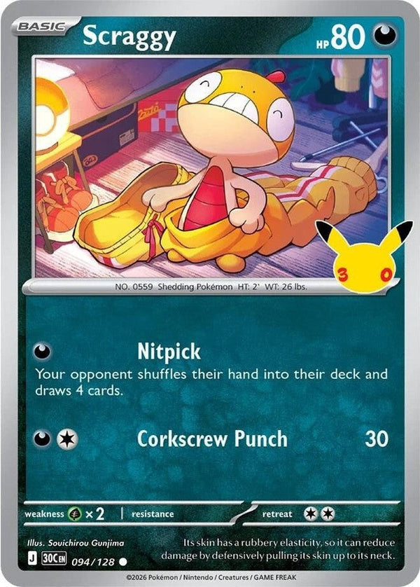 Scraggy - 094/128 Common Pokémon card from 30th Celebration, Near Mint Holofoil