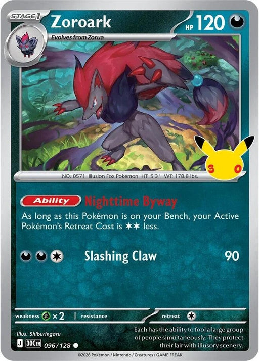 Zoroark - 096/128 Common Pokémon card from 30th Celebration, Near Mint Holofoil