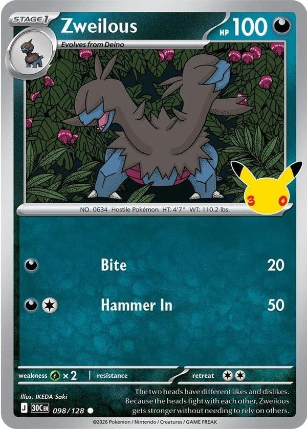 Zweilous - 098/128 Common Pokémon card from 30th Celebration, Near Mint Holofoil