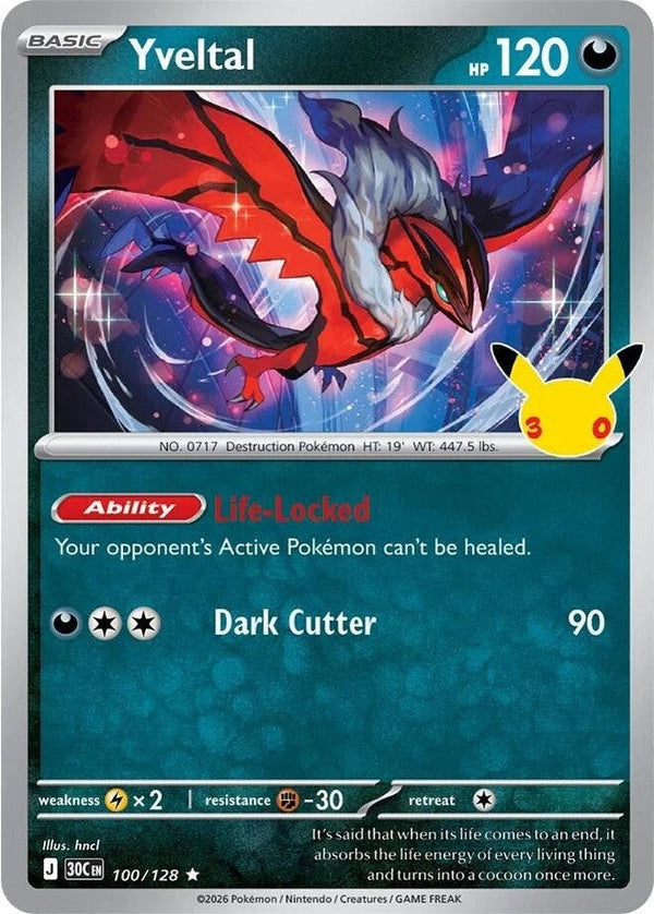 Yveltal - 100/128 Rare Pokémon card from 30th Celebration, Near Mint Holofoil