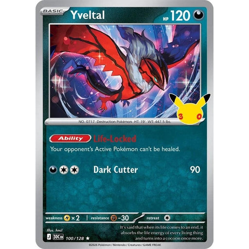 Yveltal - 100/128 Rare Pokémon card from 30th Celebration, Near Mint Holofoil