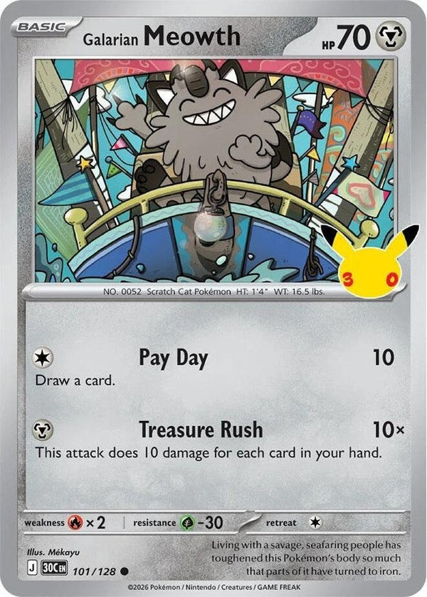 Galarian Meowth - 101/128 Common Pokémon card from 30th Celebration, Near Mint Holofoil