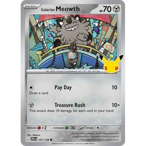 Galarian Meowth - 101/128 Common Pokémon card from 30th Celebration, Near Mint Holofoil
