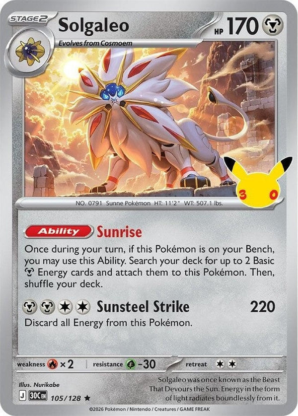 Solgaleo - 105/128 Rare Pokémon card from 30th Celebration, Near Mint Holofoil