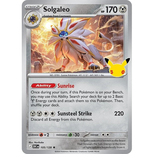 Solgaleo - 105/128 Rare Pokémon card from 30th Celebration, Near Mint Holofoil