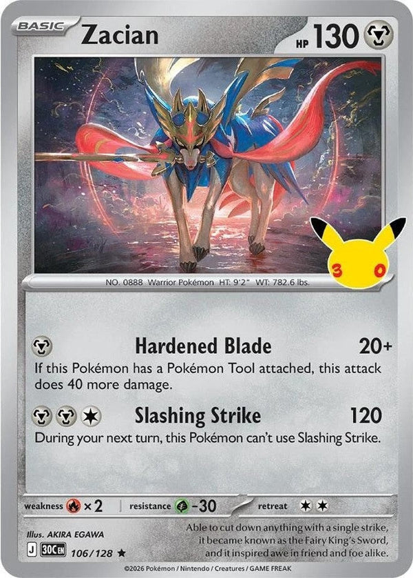 Zacian - 106/128 Rare Pokémon card from 30th Celebration, Near Mint Holofoil
