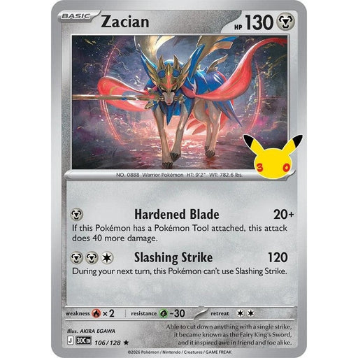 Zacian - 106/128 Rare Pokémon card from 30th Celebration, Near Mint Holofoil