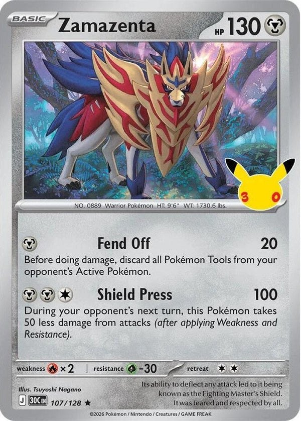 Zamazenta - 107/128 Rare Pokémon card from 30th Celebration, Near Mint Holofoil