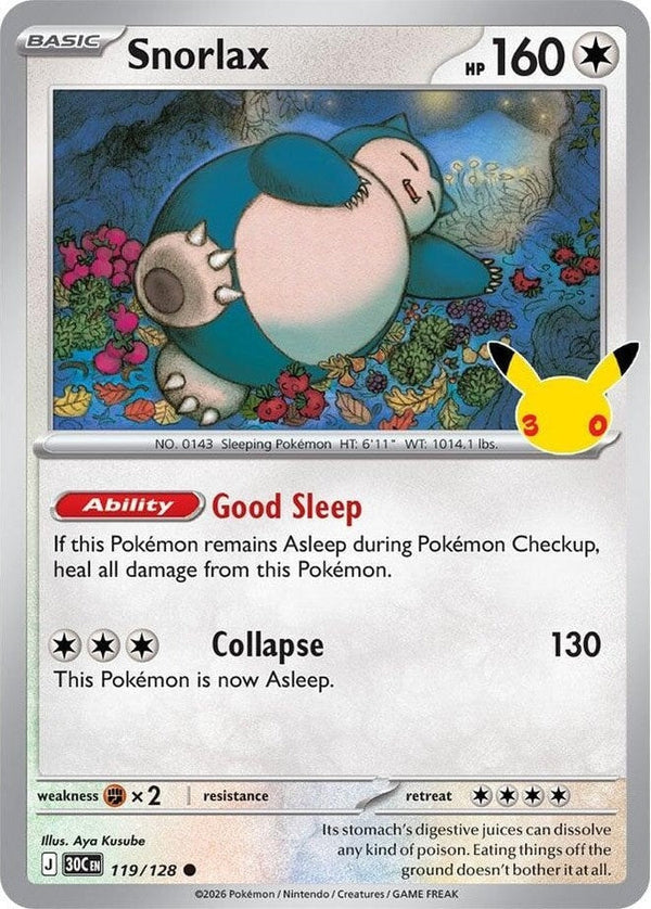 Snorlax - 119/128 Common Pokémon card from 30th Celebration, Near Mint Holofoil