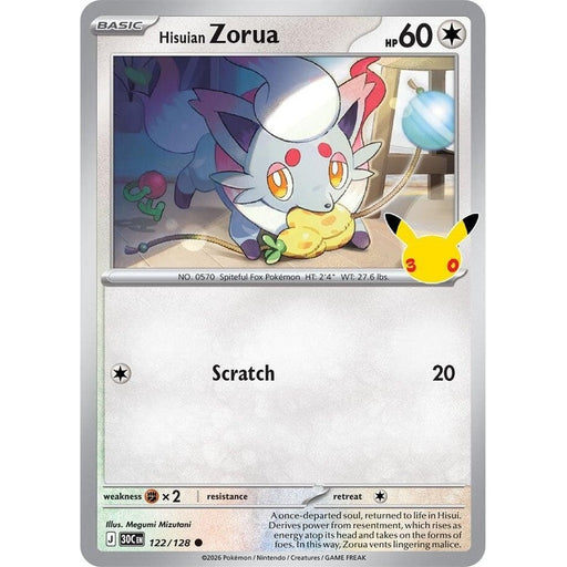 Hisuian Zorua - 122/128 Common Pokémon card from 30th Celebration, Near Mint Holofoil
