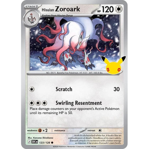 Hisuian Zoroark - 123/128 Common Pokémon card from 30th Celebration, Near Mint Holofoil
