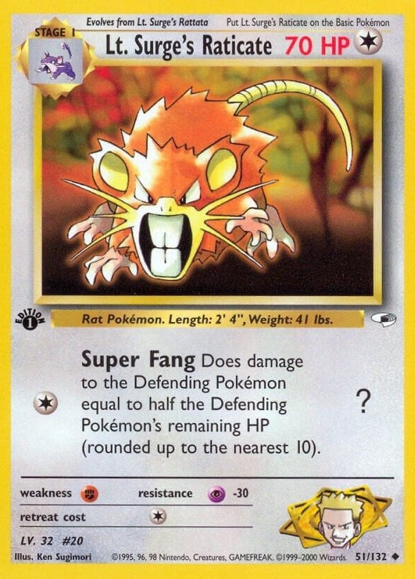Lt. Surge's Raticate - 051/132 Uncommon Pokémon card from Gym Heroes, Near Mint Unlimited
